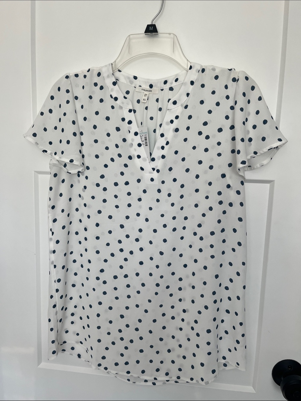 Maurices White Blouse with Navy Polka Dots